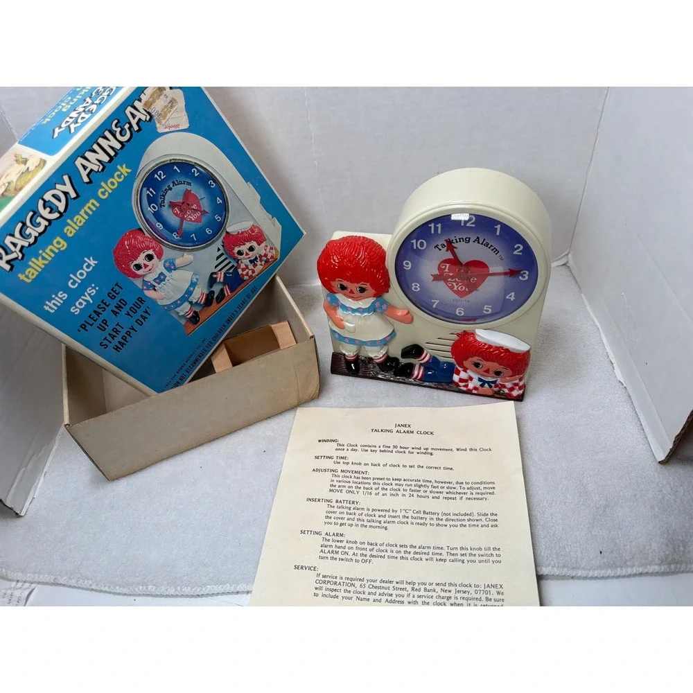 VTG 1974 Janex Raggedy Ann & Andy Talking Alarm Clock w Orig Box Ticks NO Talk